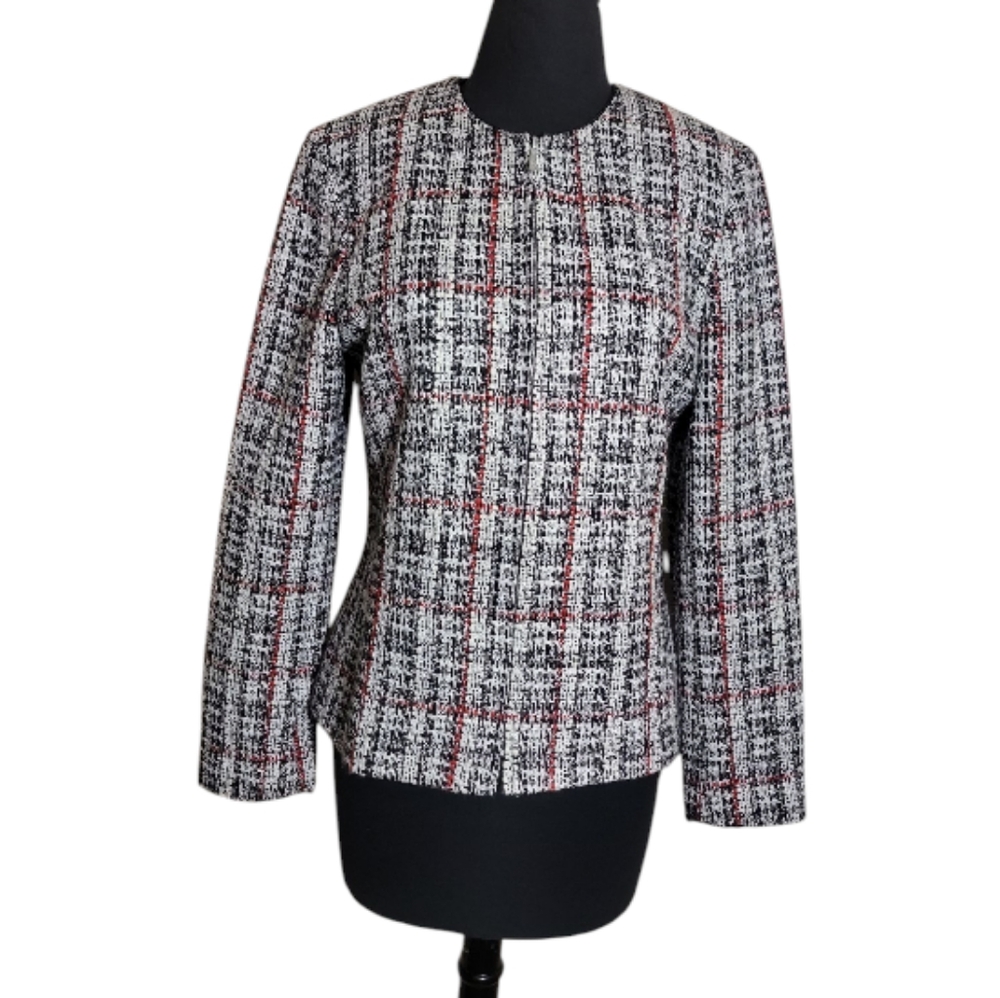 Garfield & Marks tweed plaid zip up blazer red black white women's size 8